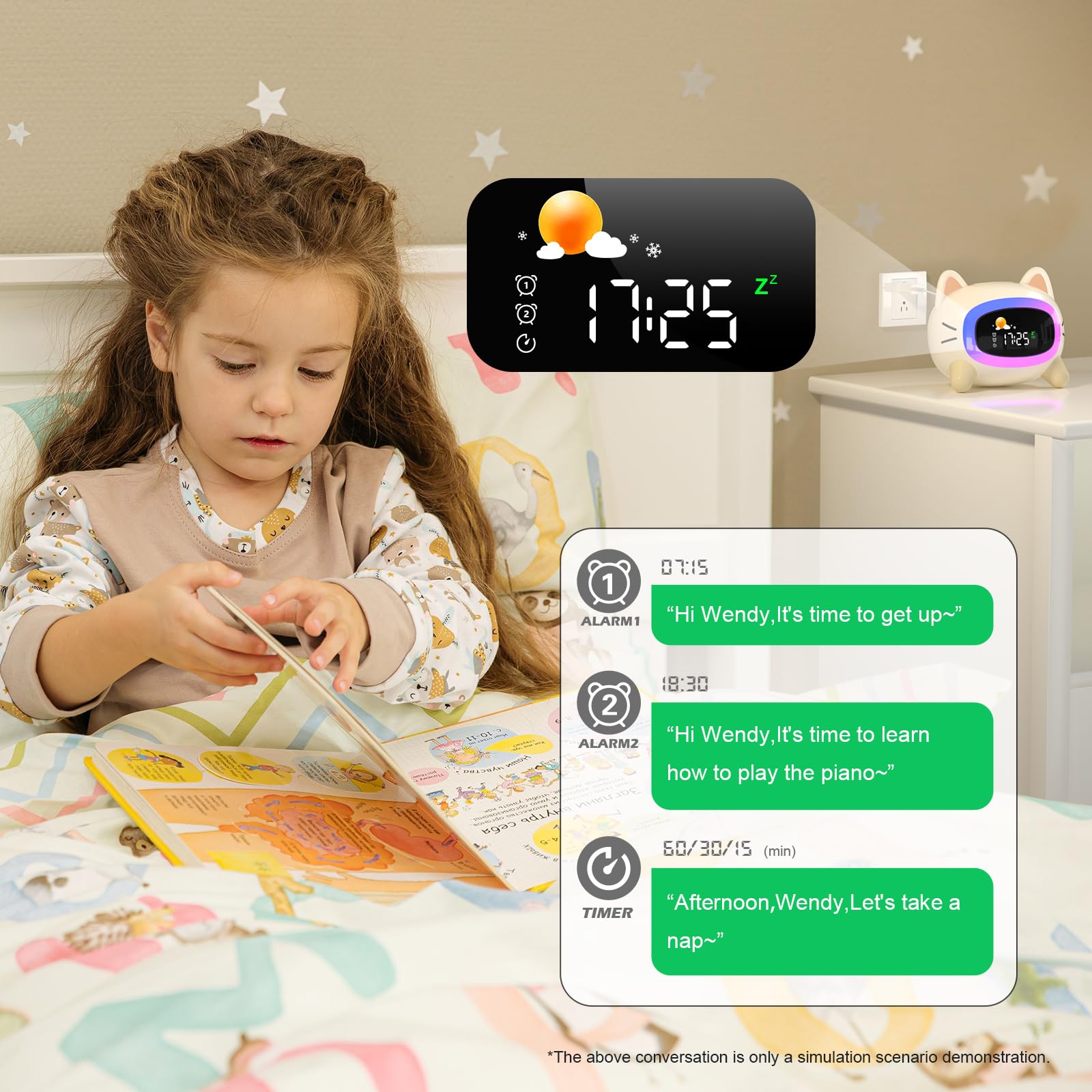ANALOI cat clock sound buttons displayed to highlight seven soothing sound options