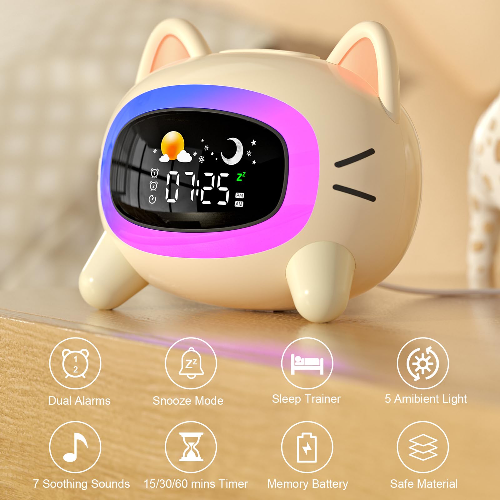 ANALOI cat clock top controls with intuitive buttons for quick parental adjustments