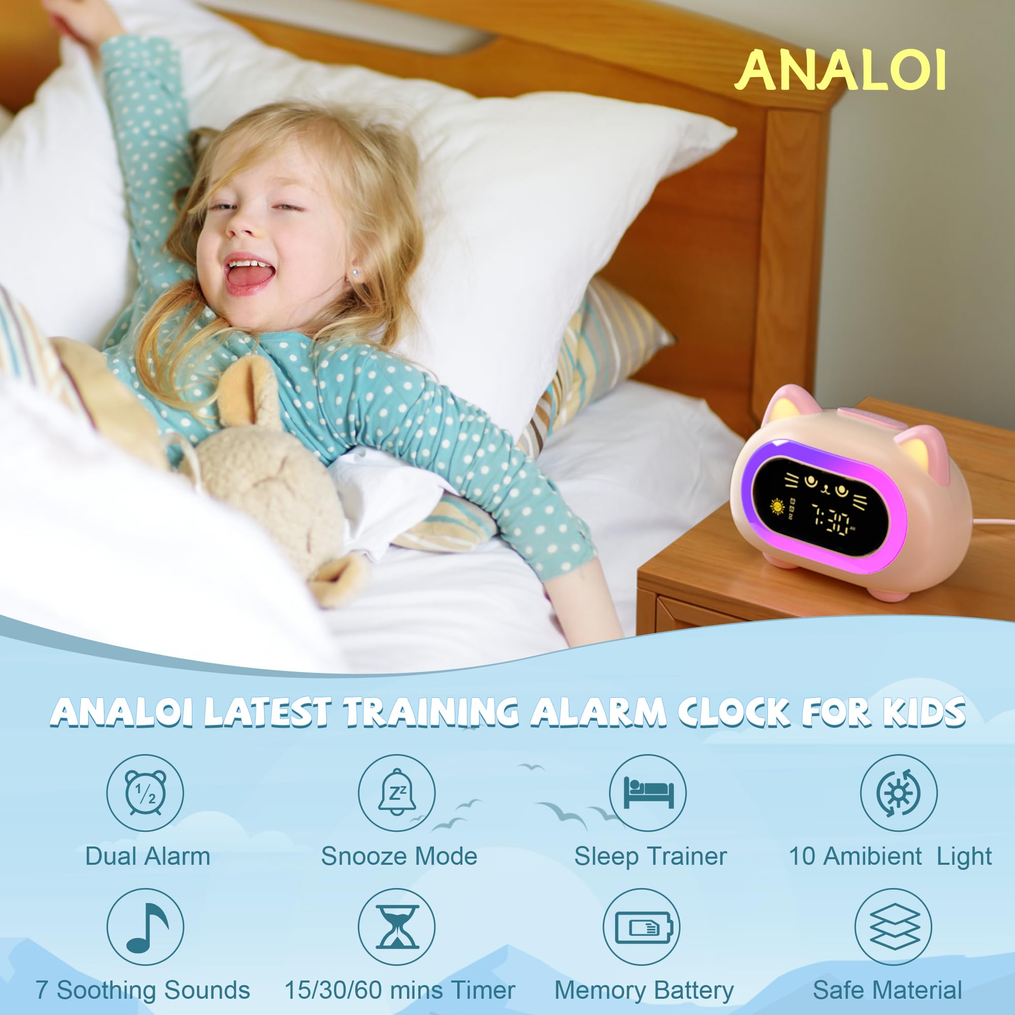 ANALOI night light color modes showing ten hues that soothe sleep