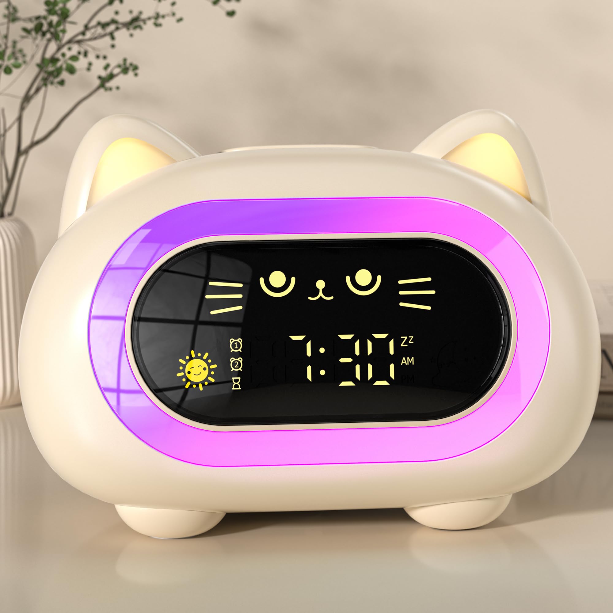 ANALOI cat clock front view showing friendly face and wake colors