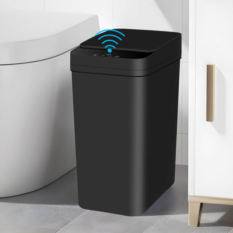 Anborry front view of black automatic trash can showing compact design and hygienic benefit