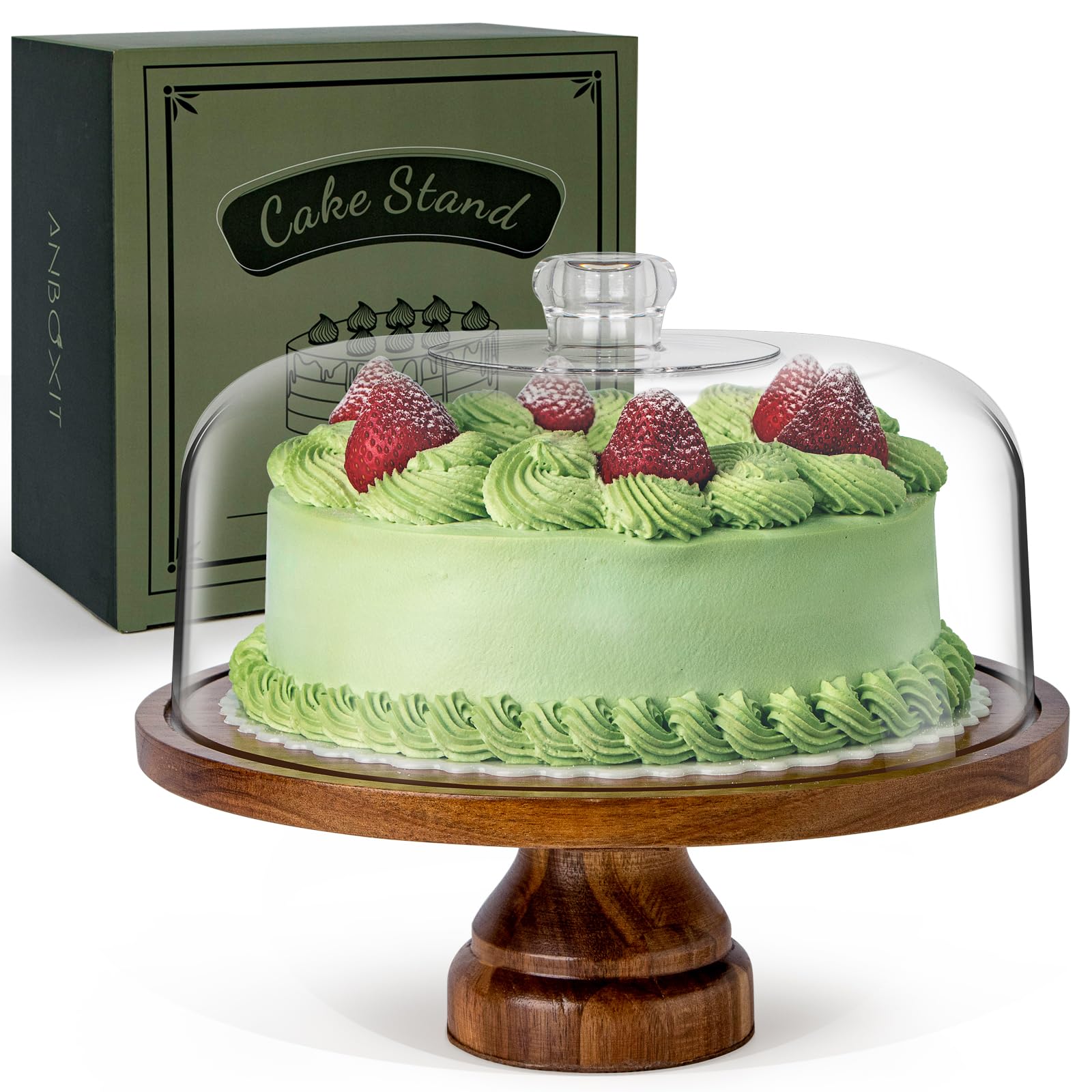 ANBOXIT front view of acacia cake stand showing warm finish and elegant look