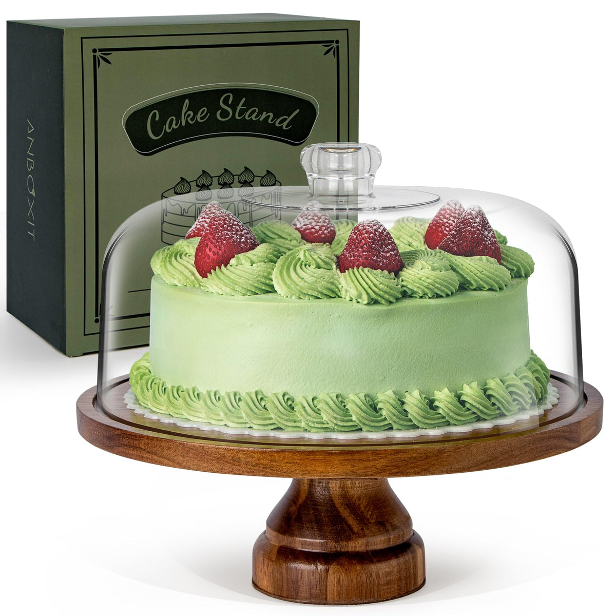 ANBOXIT front view of acacia cake stand showing warm finish and elegant look