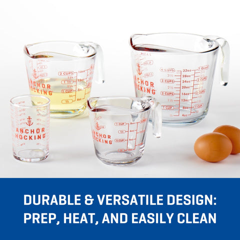 Anchor Hocking 1-cup close shot of clear metric and imperial graduations for accuracy