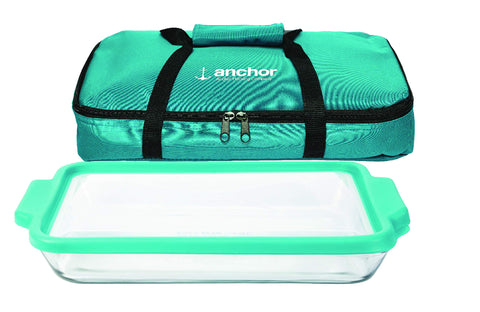 Anchor Hocking front view showing durable glass dish and tote for safe transport