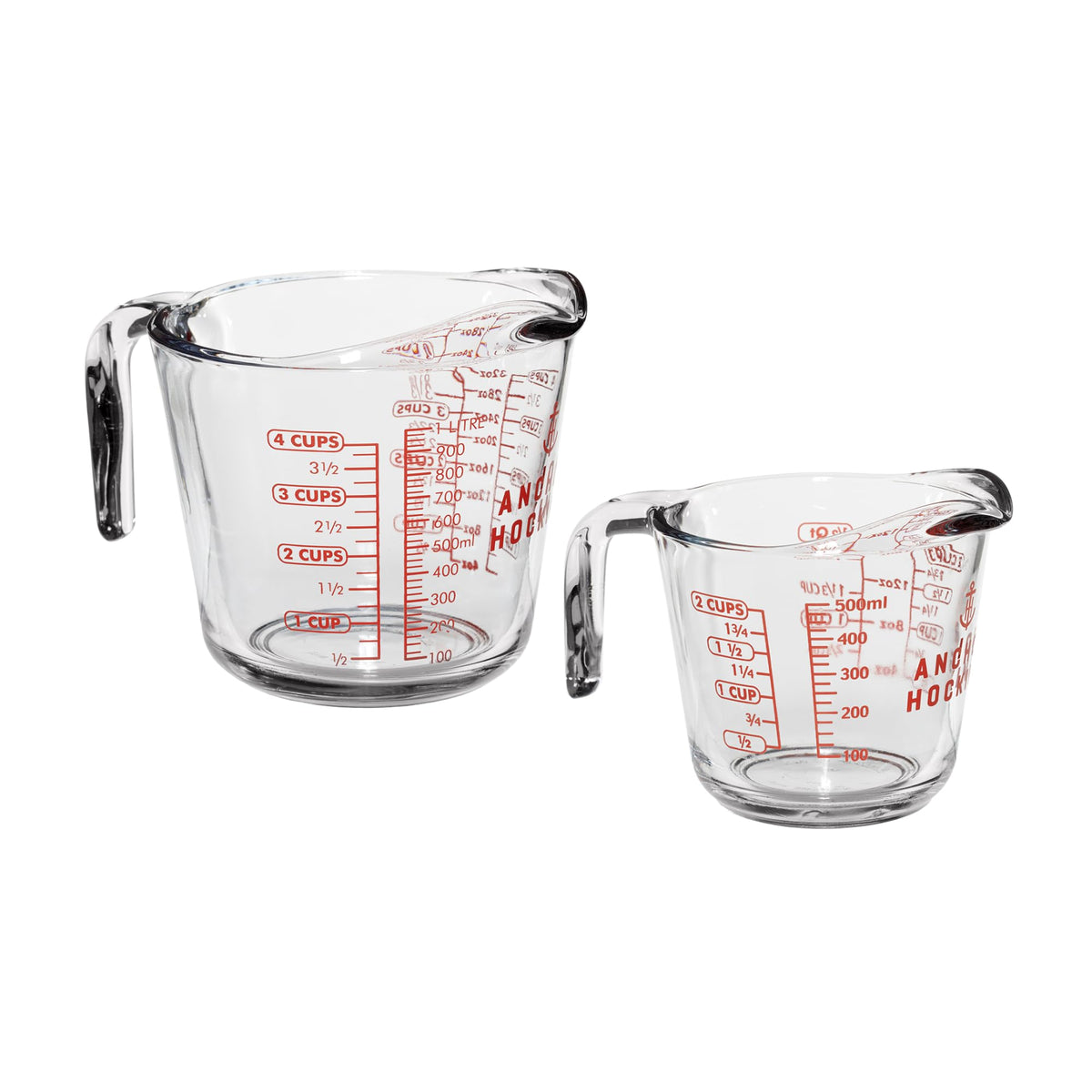 Anchor Hocking measuring cups front view showing clear glass and bold markings for accurate measuring