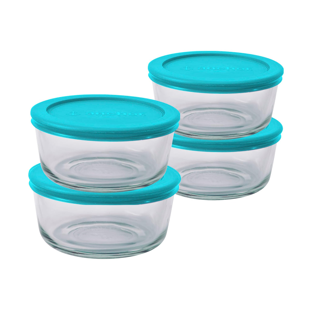 Anchor Hocking front view of four teal-lidded containers showing neat stackability and style