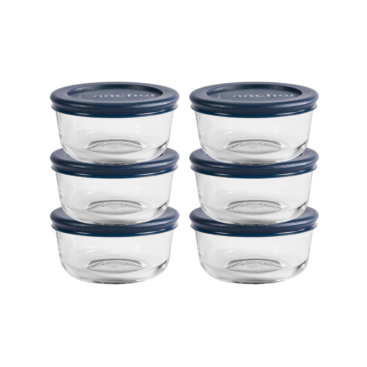 Anchor Hocking front view of six 1-cup glass containers showing clear glass and navy lids for organized storage