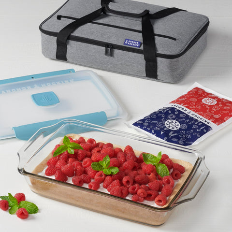 Anchor Hocking front view of dish and lid showing leak-resistant seal and versatility
