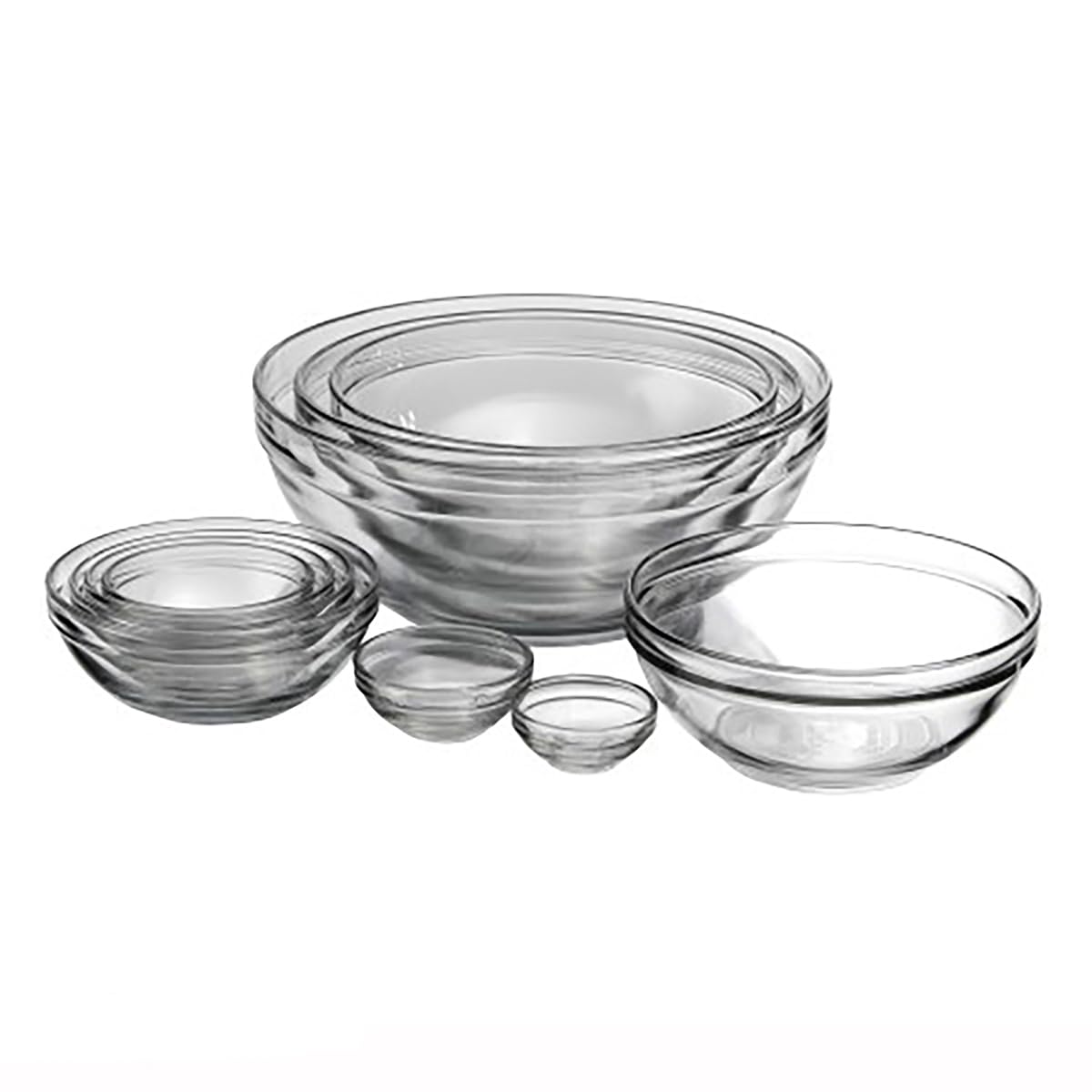 Anchor Hocking front view of full set showing clear glass and nesting benefit