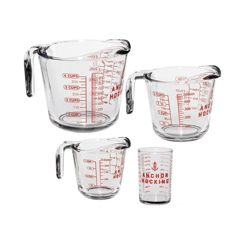 Anchor Hocking front view of four-piece set showing sizes and spouts for precise pouring