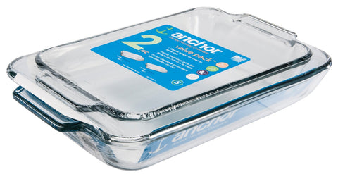 Anchor Hocking front view with lids showing durable bakeware and convenient storage