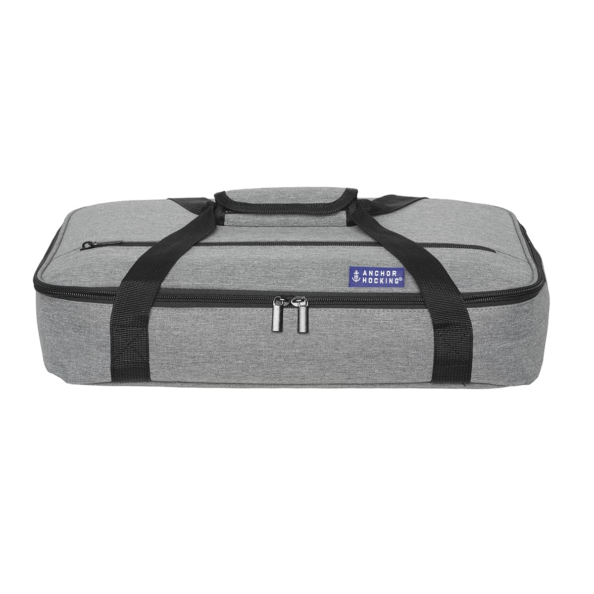 Anchor Hocking gray insulated tote with zipper pocket protecting dishes on-the-go