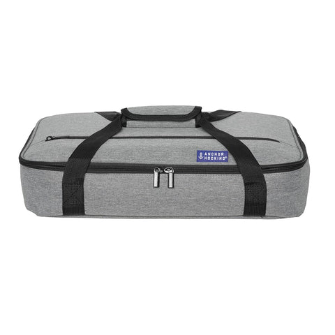 Anchor Hocking gray insulated tote with zipper pocket protecting dishes on-the-go