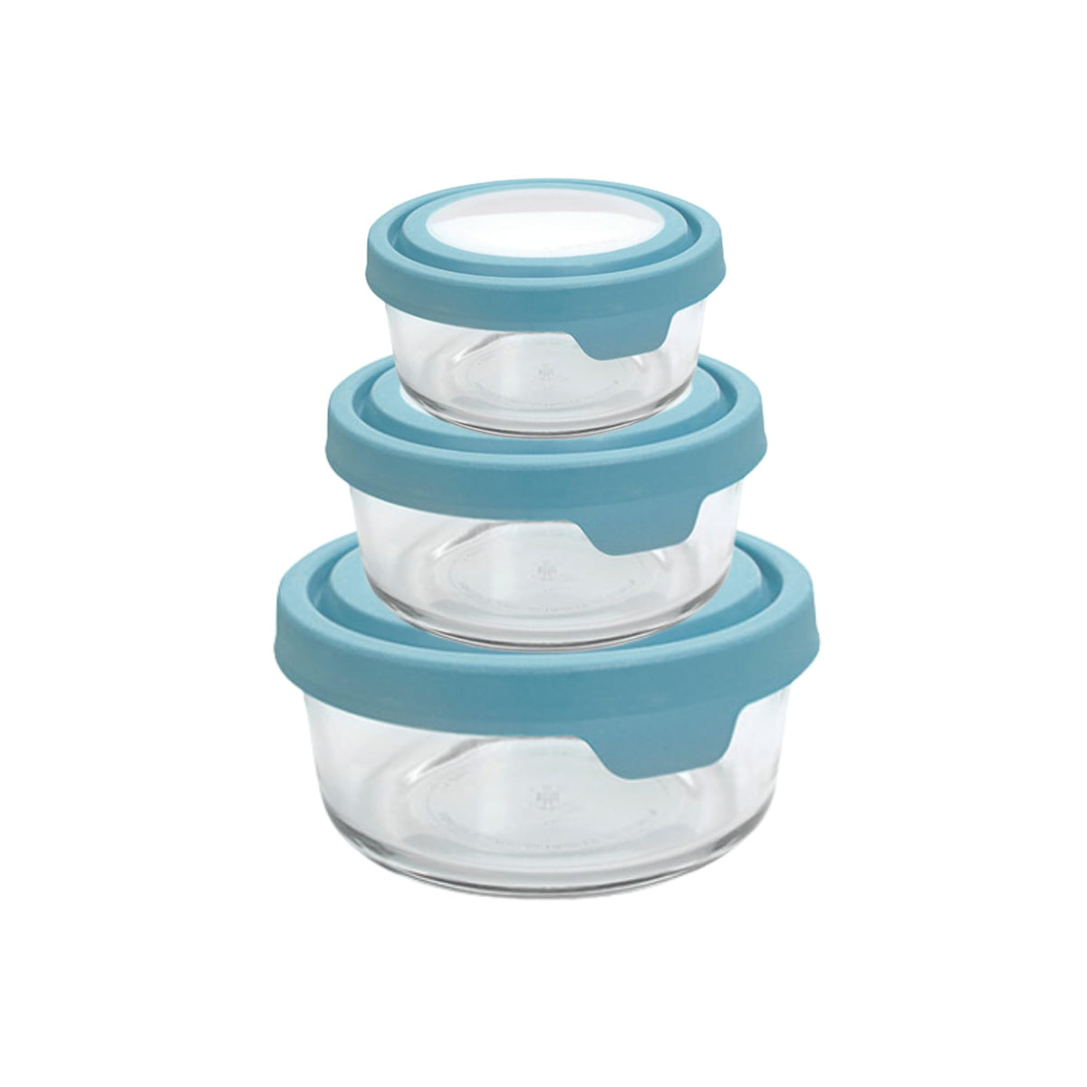 Anchor Hocking TrueSeal mineral blue lids on round glass, leak-resistant storage