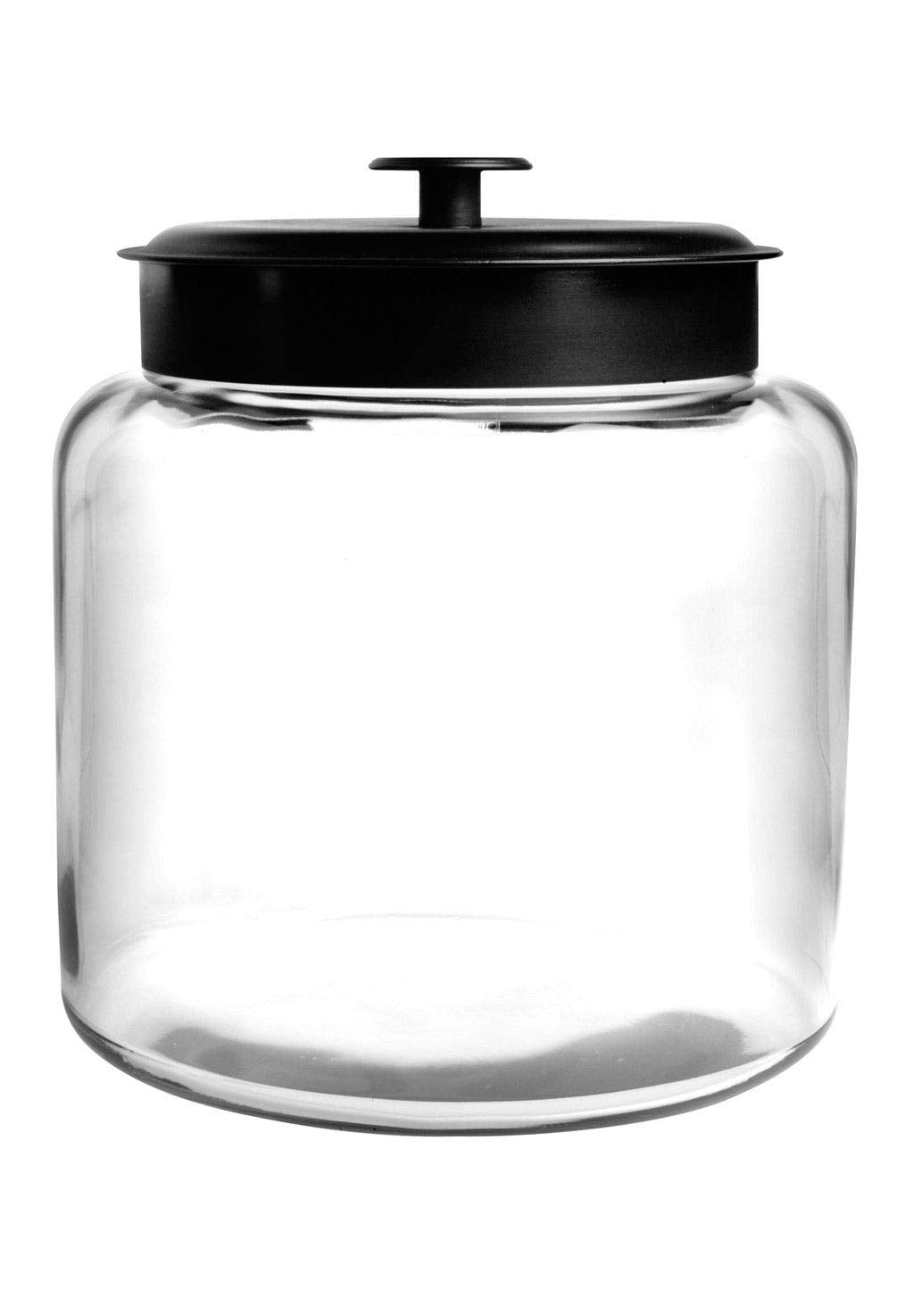Anchor Hocking jar front view shows clear glass and black lid, adds pantry order