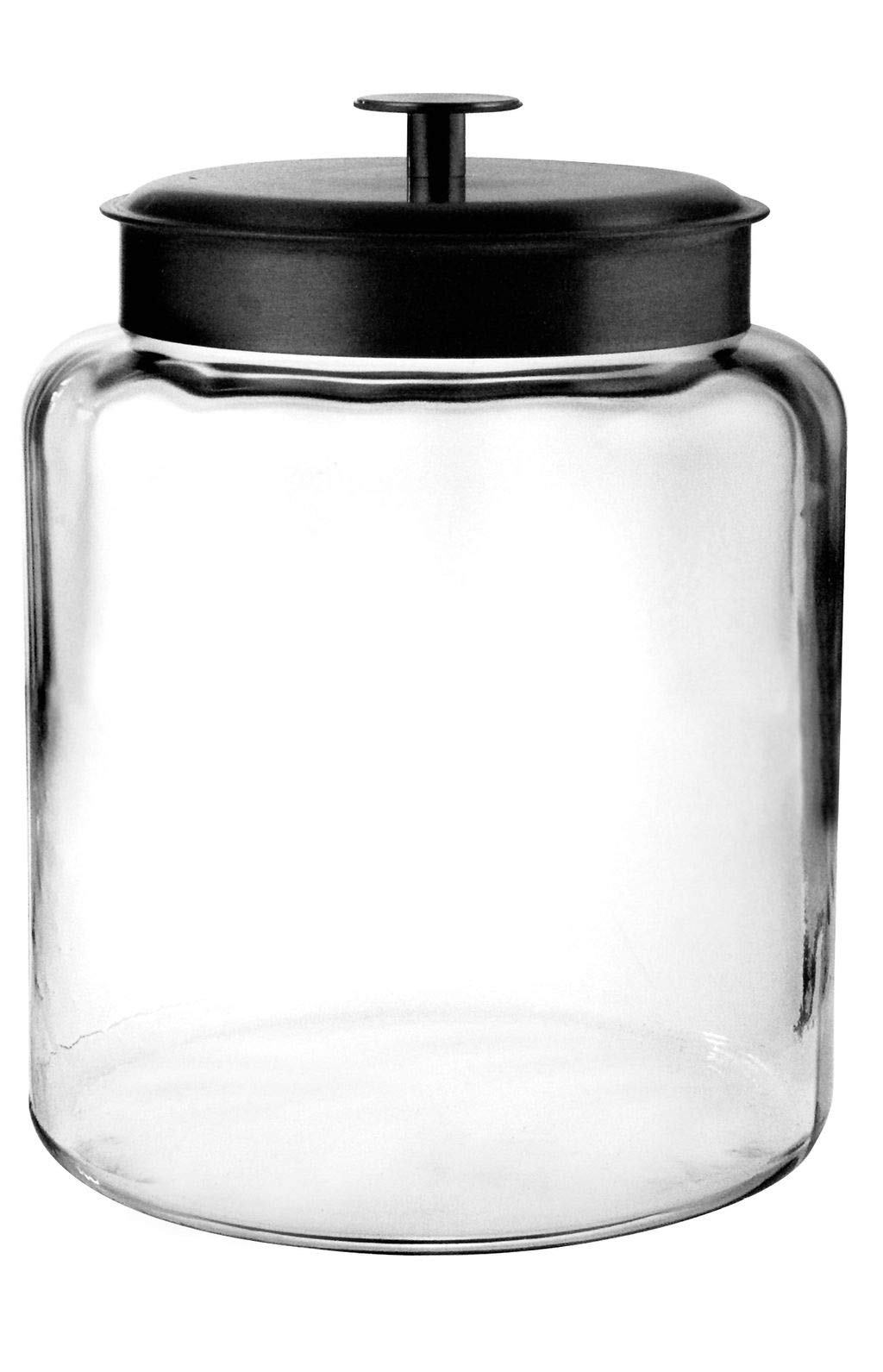 Anchor Hocking front view jar showing clear glass and black lid, highlighting visibility benefit
