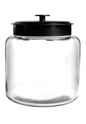 Anchor Hocking jar front view shows clear glass and black lid, adds pantry order