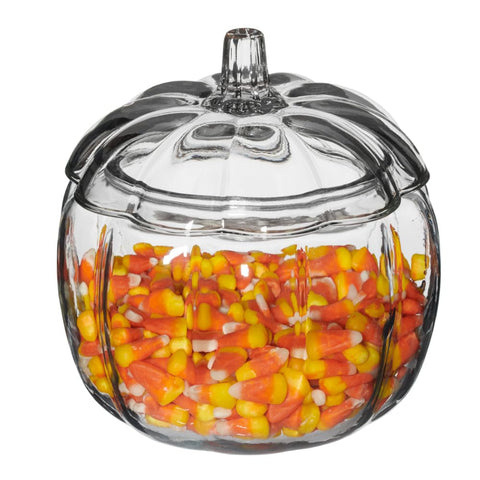 Anchor Hocking pumpkin jar on table styled with candies for seasonal display