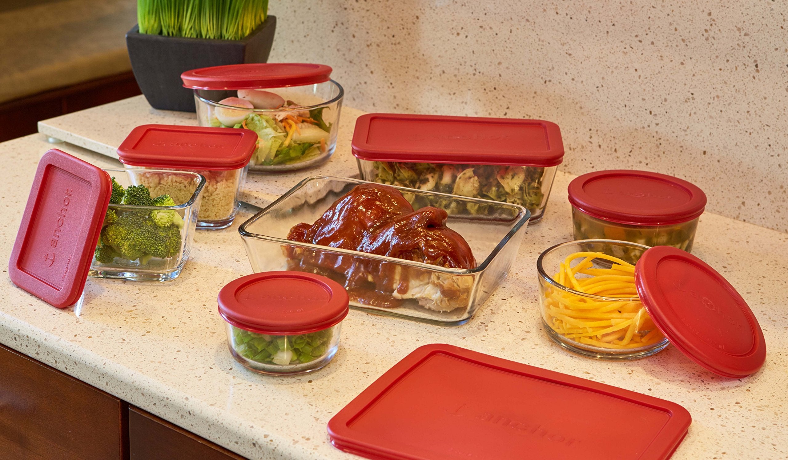 Anchor Hocking red plastic lids stacked neatly for quick access and organization