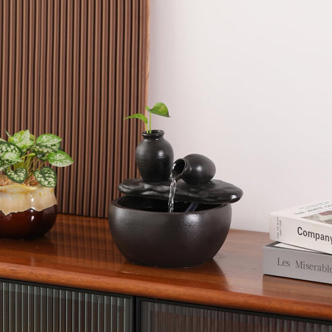 andady ceramic fountain in use on desk with laptop benefit: calming background sound