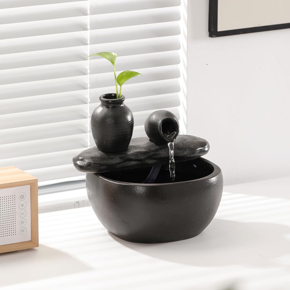 andady ceramic fountain lifestyle setting on console with plants benefit: enhances room ambience