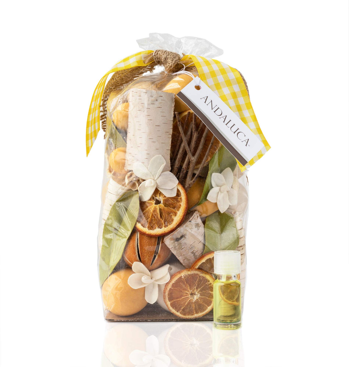 ANDALUCA front packaging showing large 20 oz bag and citrus-herb mix for long-lasting scent
