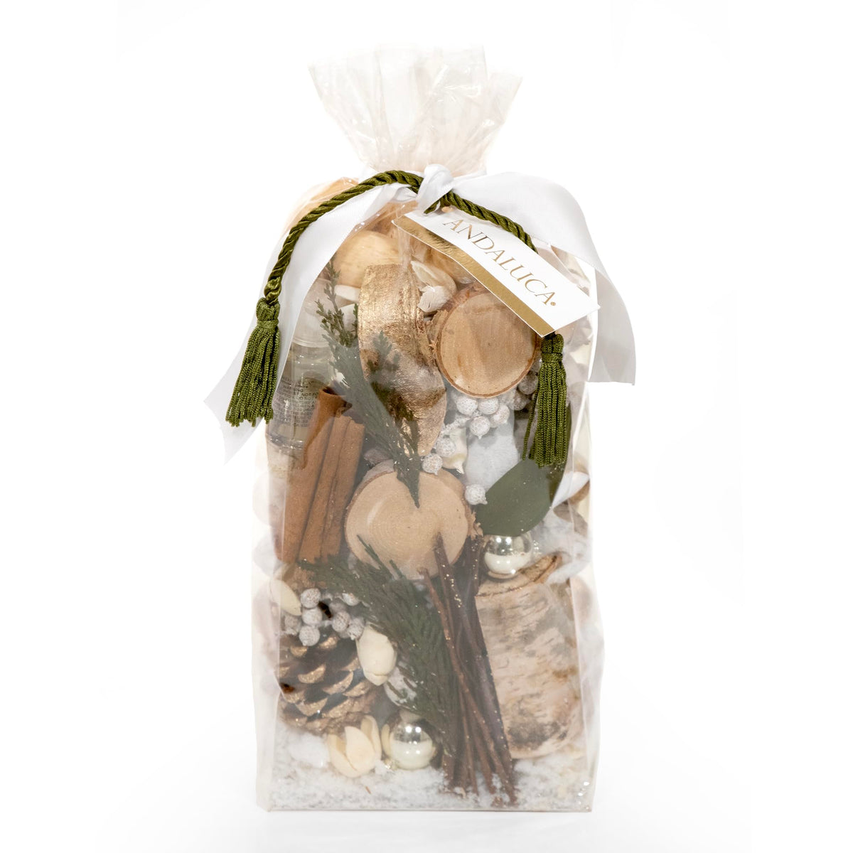 ANDALUCA front view of frosted pine potpourri showing seasonal styling and scent