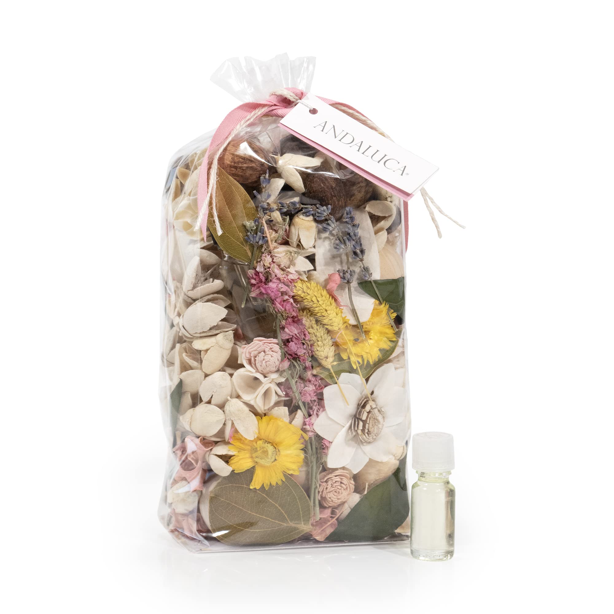 ANDALUCA potpourri in wood bowl on table, creates inviting ambiance