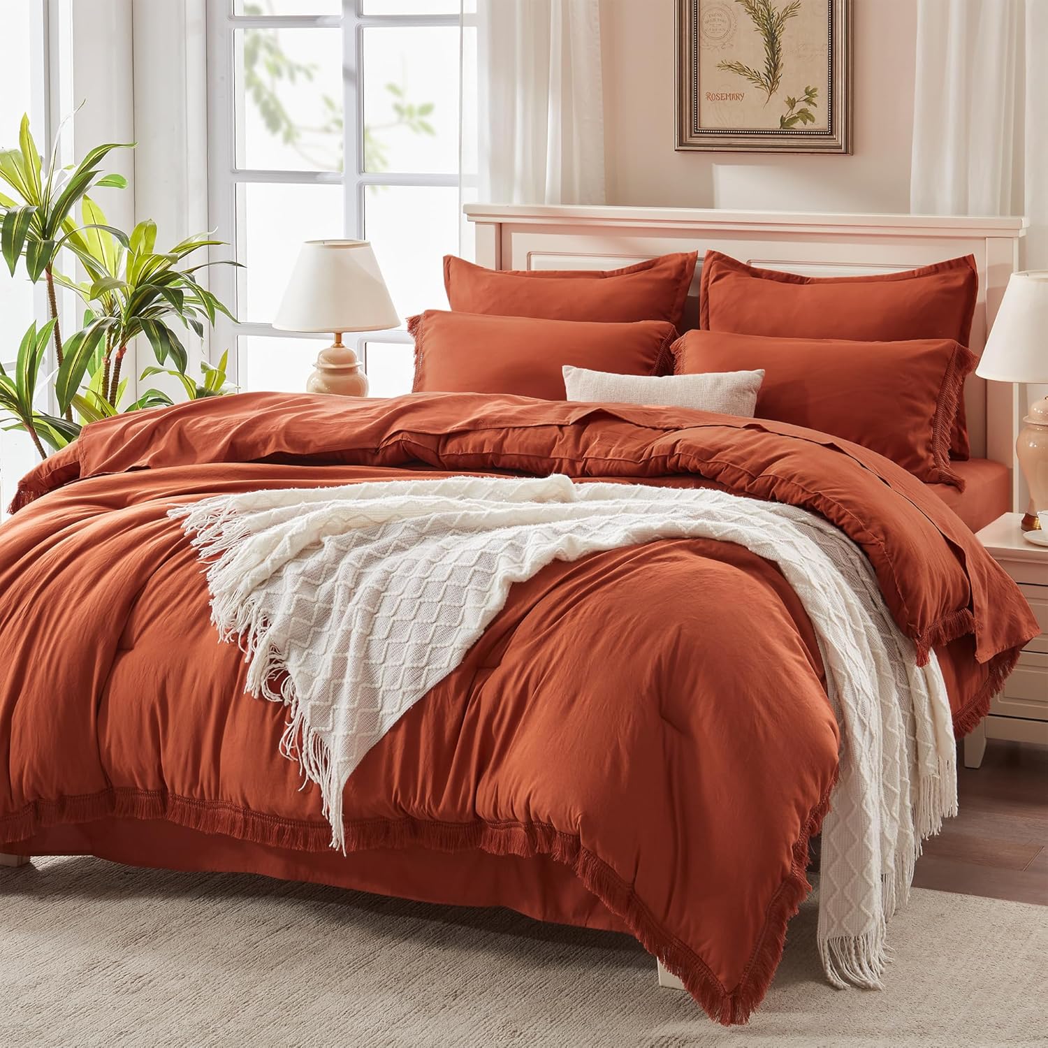 Andency burnt orange front view showing full 7-piece set and cozy look