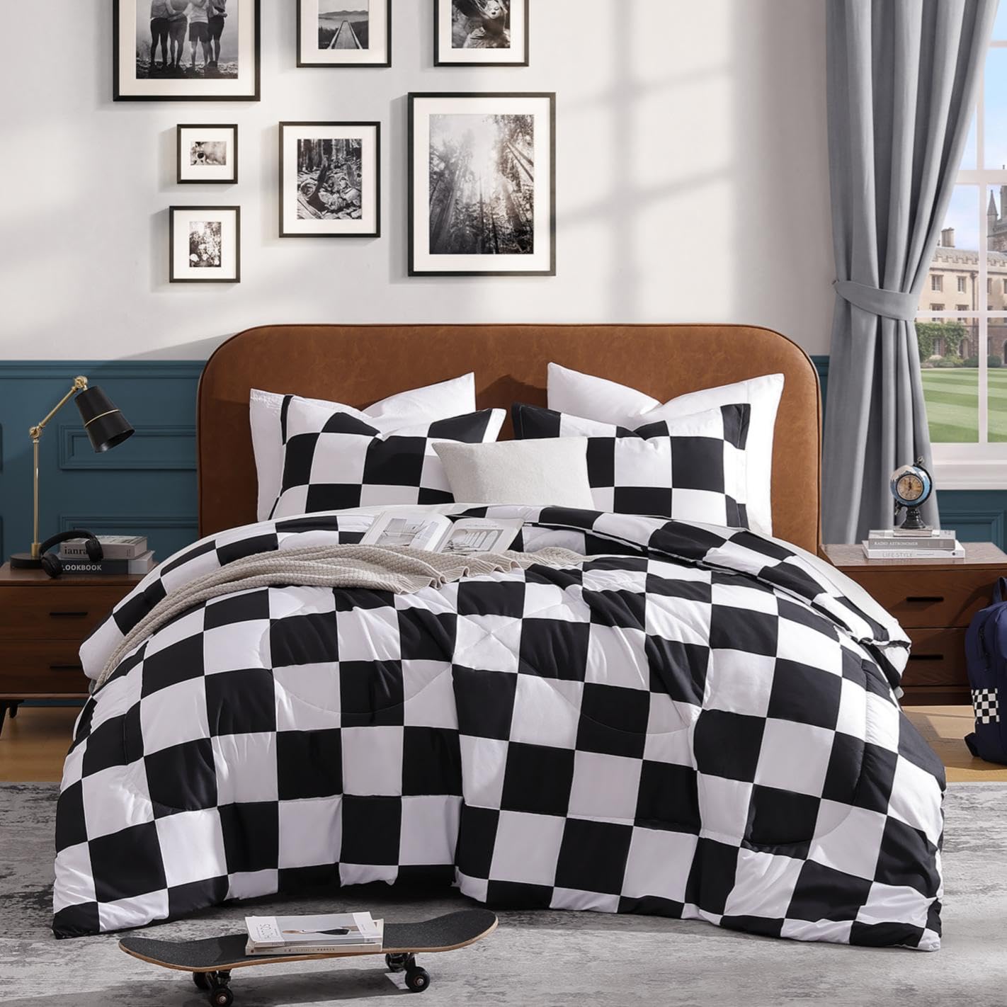 Andency comforter front view shows neat gingham and tidy bed styling benefit