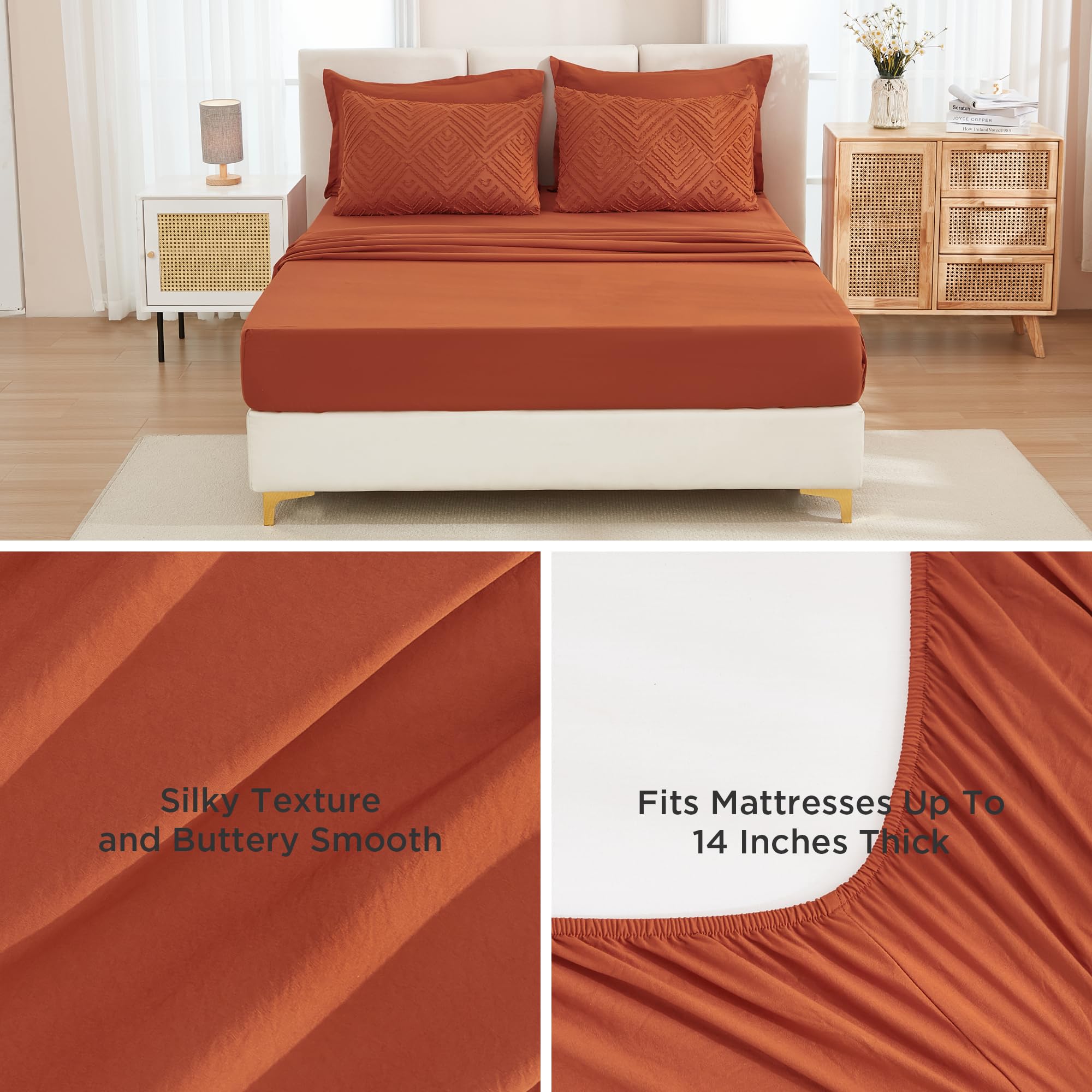 Andency fitted sheet corner close-up showing 14-inch deep pocket for secure fit