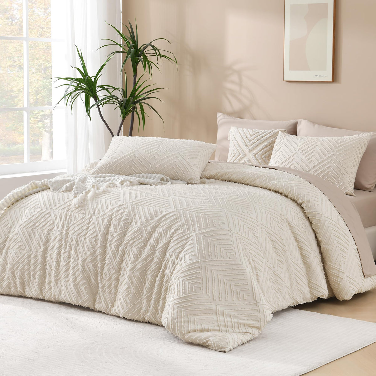 Andency comforter front view showing tufted boho texture and cozy styling benefit