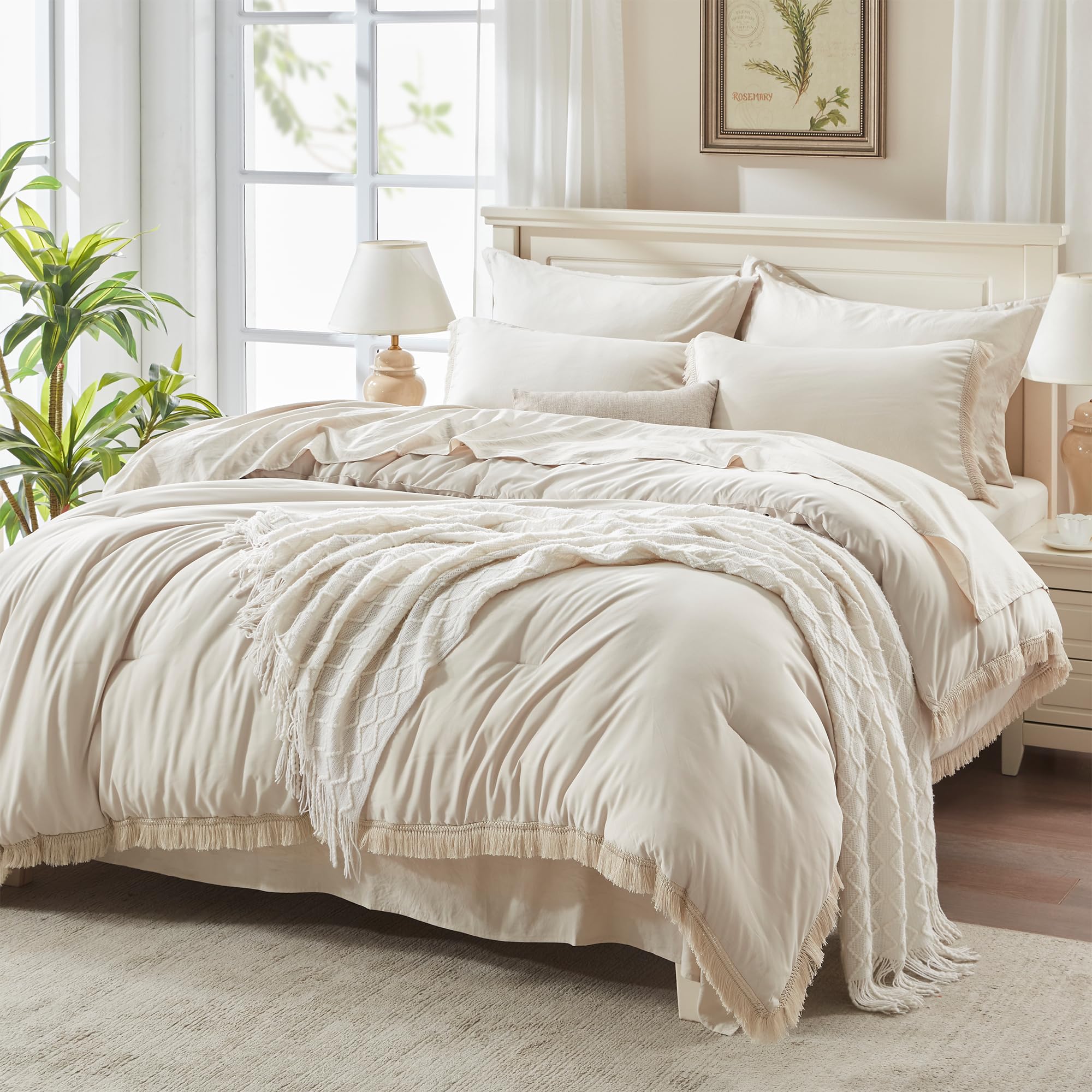 Andency comforter front view showing neutral beige and tassel trim benefit: stylish bed anchor