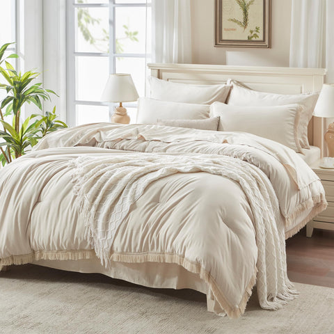 Andency comforter front view showing neutral beige and tassel trim benefit: stylish bed anchor
