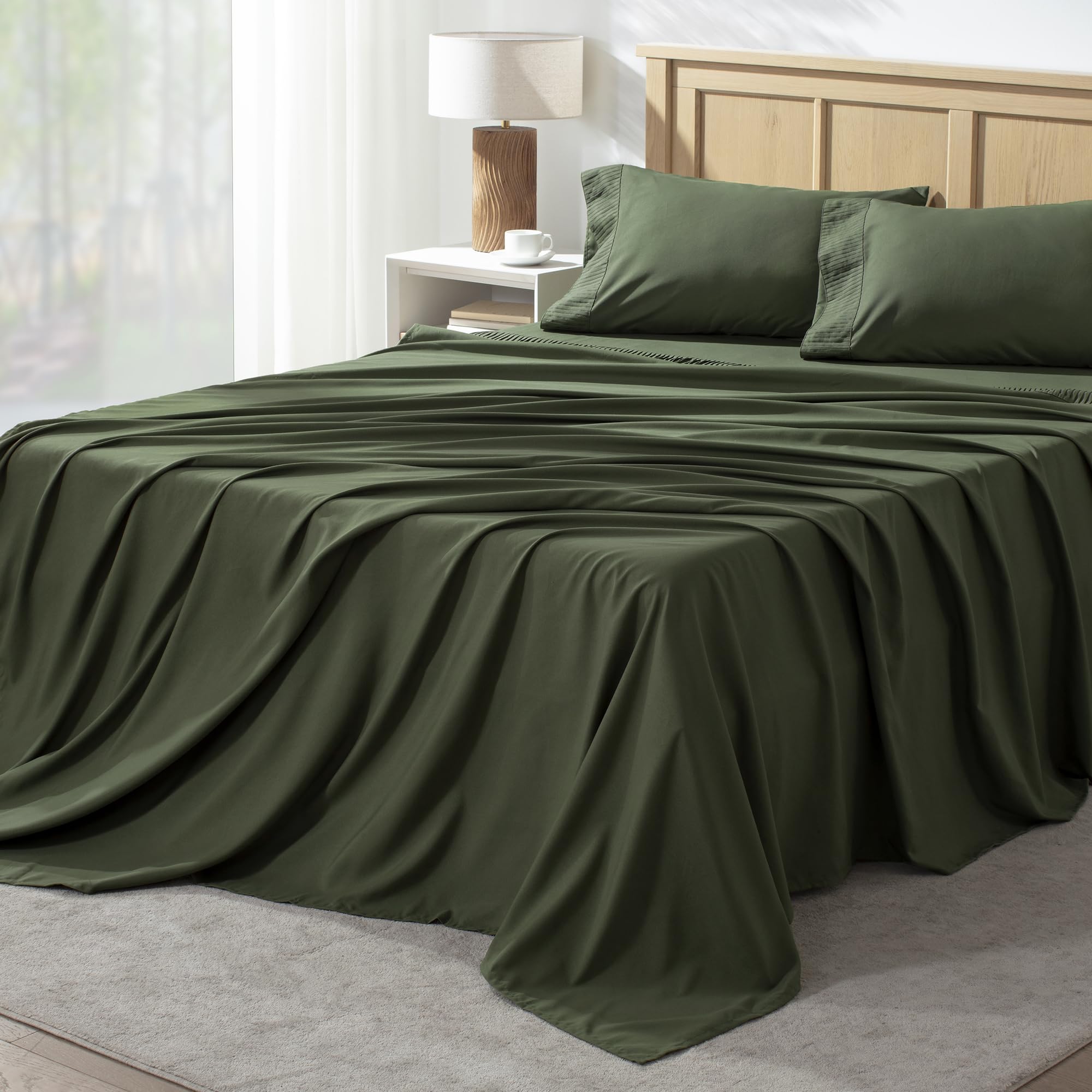 Andency front packaging showing dark olive queen sheet set and easy care