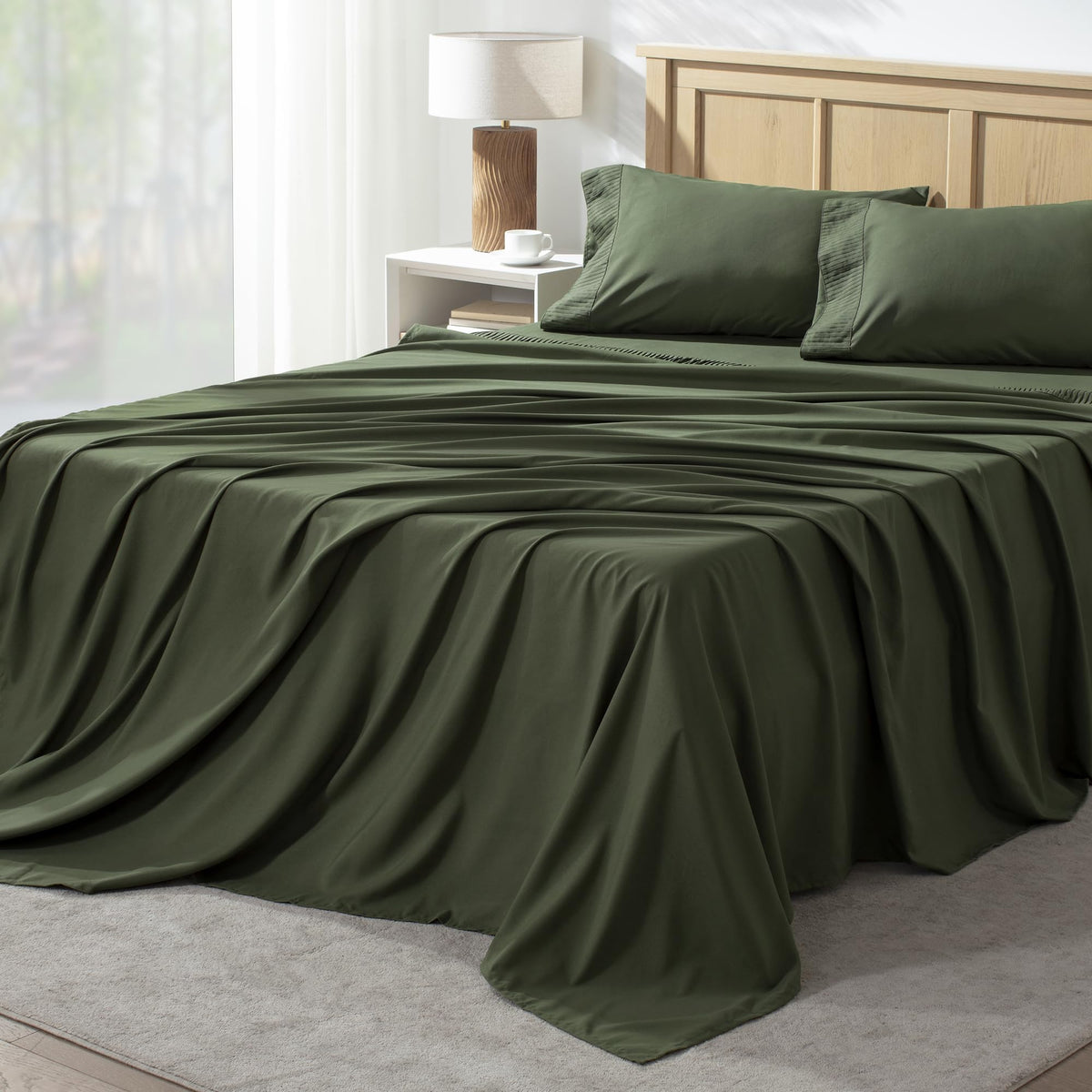 Andency front packaging showing dark olive queen sheet set and easy care
