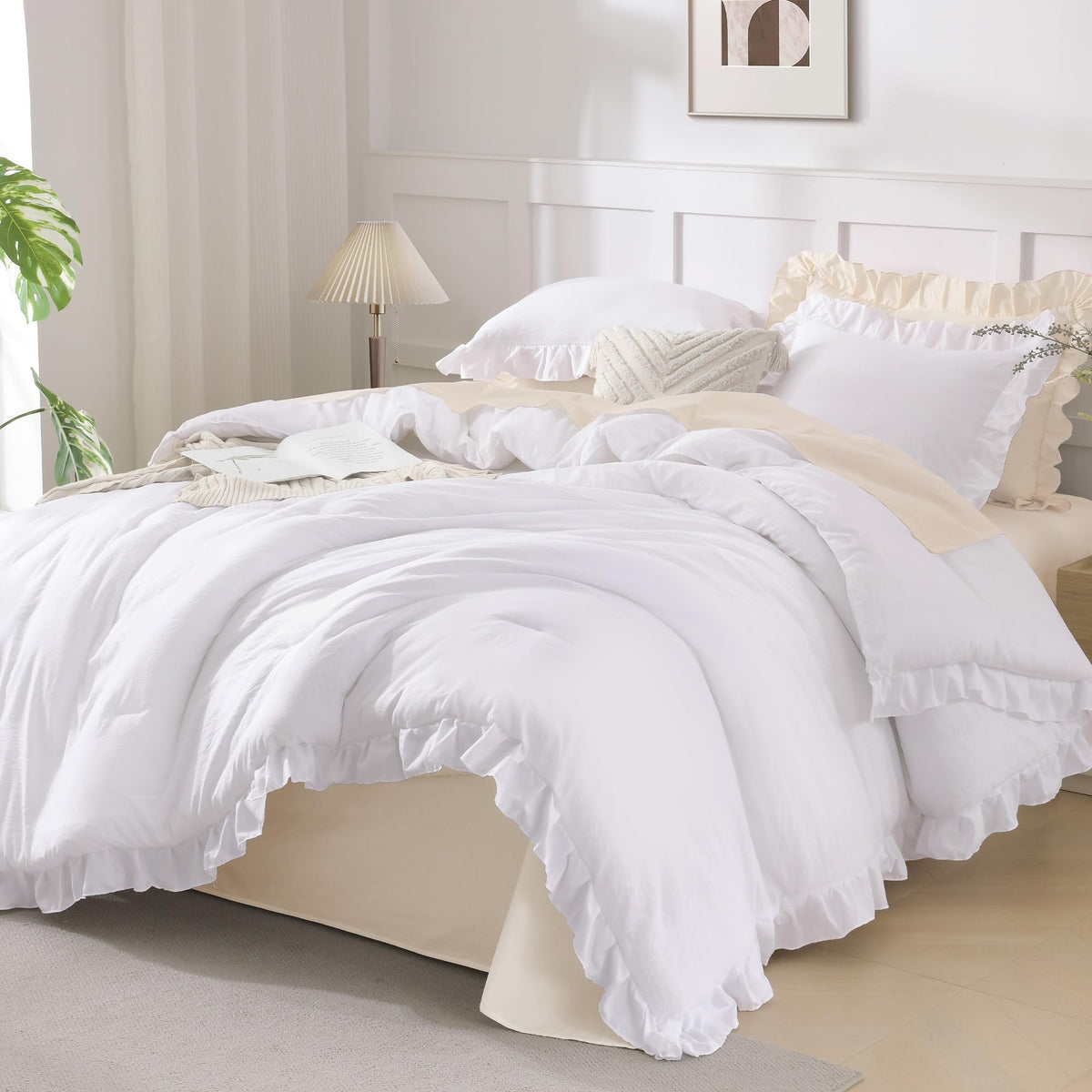 Andency front packaging view showing white ruffled comforter and neat styling benefit