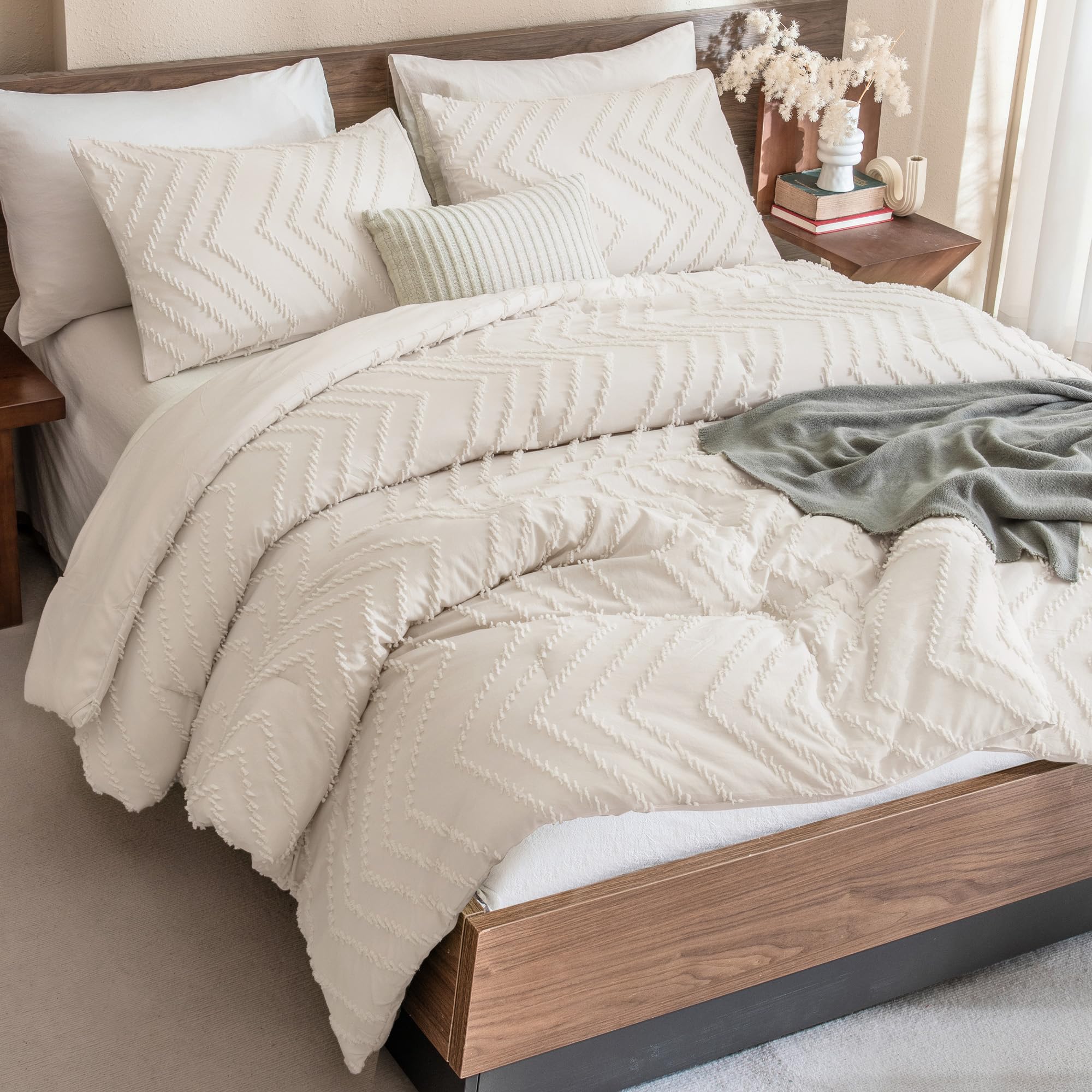 Andency front view showing beige comforter set and two pillowcases for versatile styling