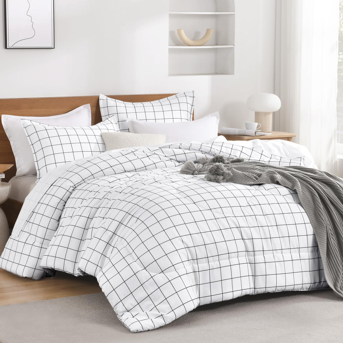 Andency front view comforter shows white plaid and neat finish for quick styling