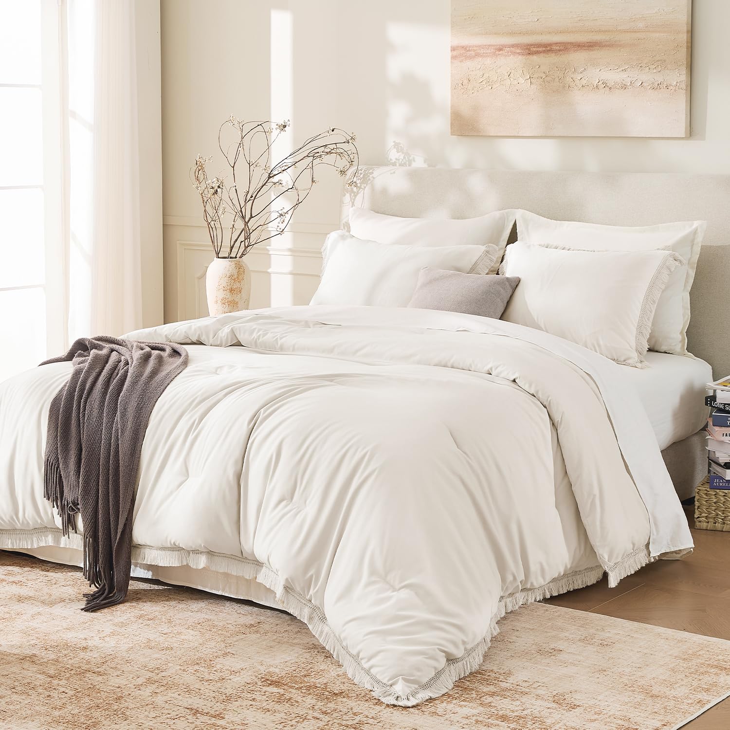 Andency king comforter front view showing beige boho look and cozy warmth
