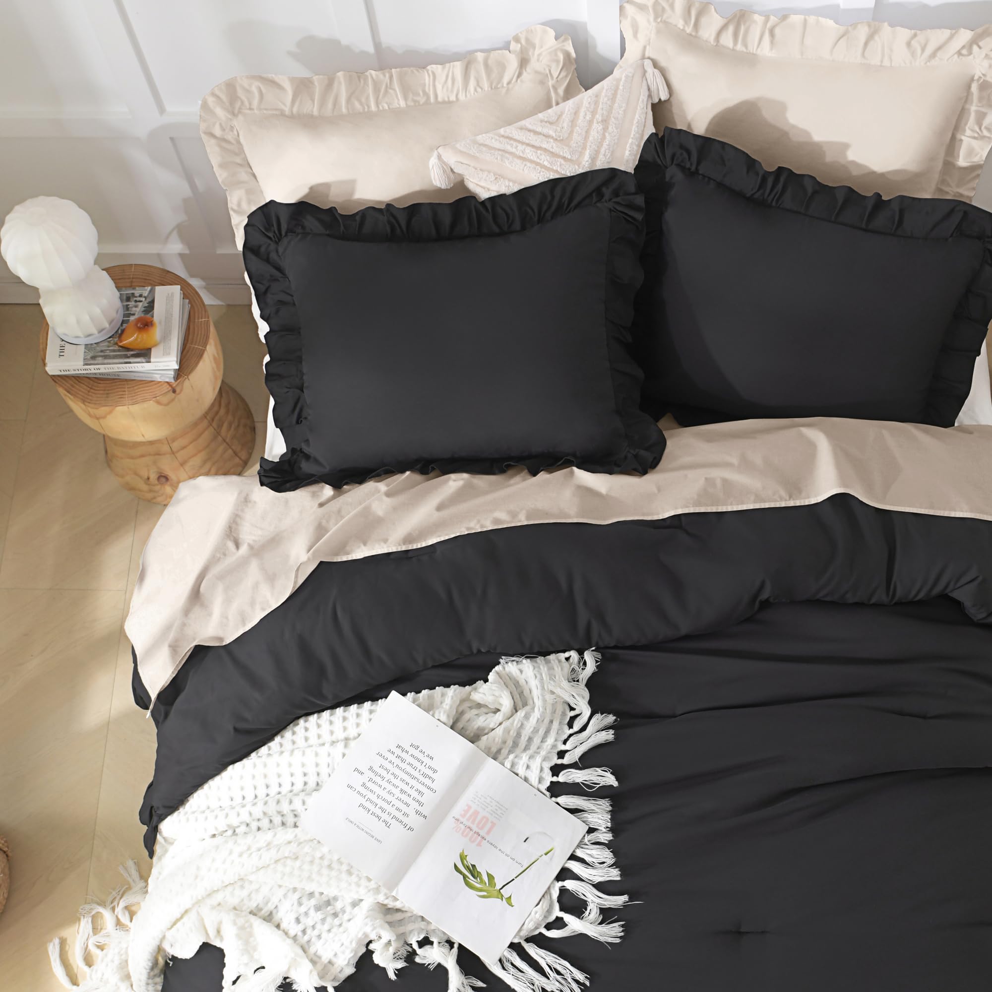 Andency pillow shams arranged front-facing to show matching ruffles and coordinated design aesthetic