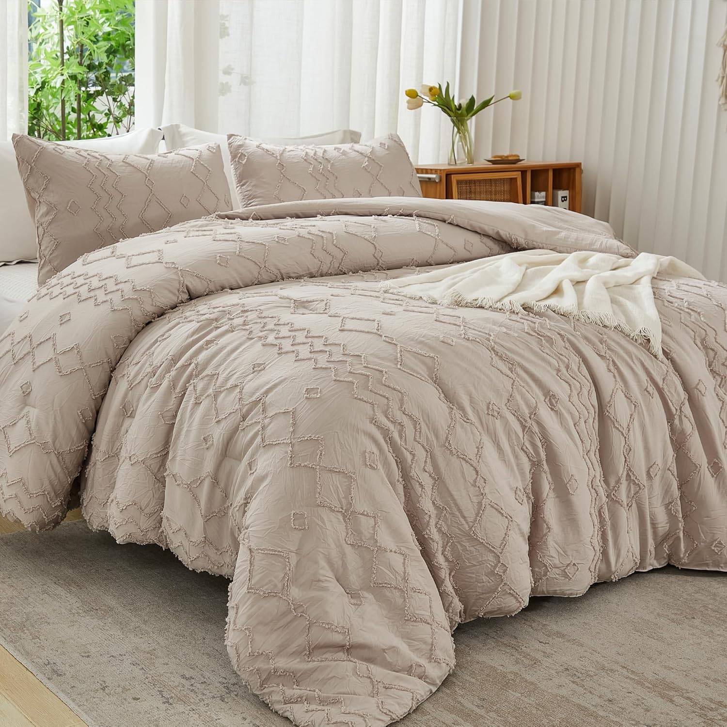 Andency comforter front view shows khaki color and refined tufting for elegant bedding