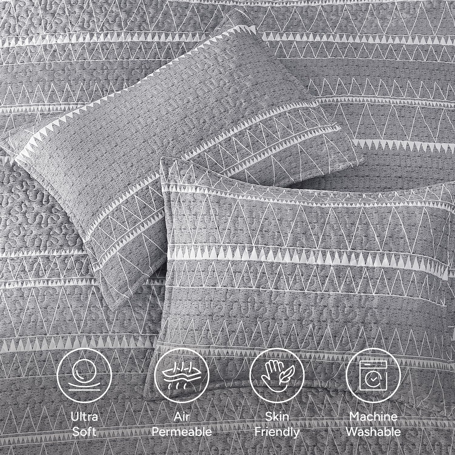 Andency styled bedroom with quilt on bed demonstrating decor versatility benefit: effortless styling