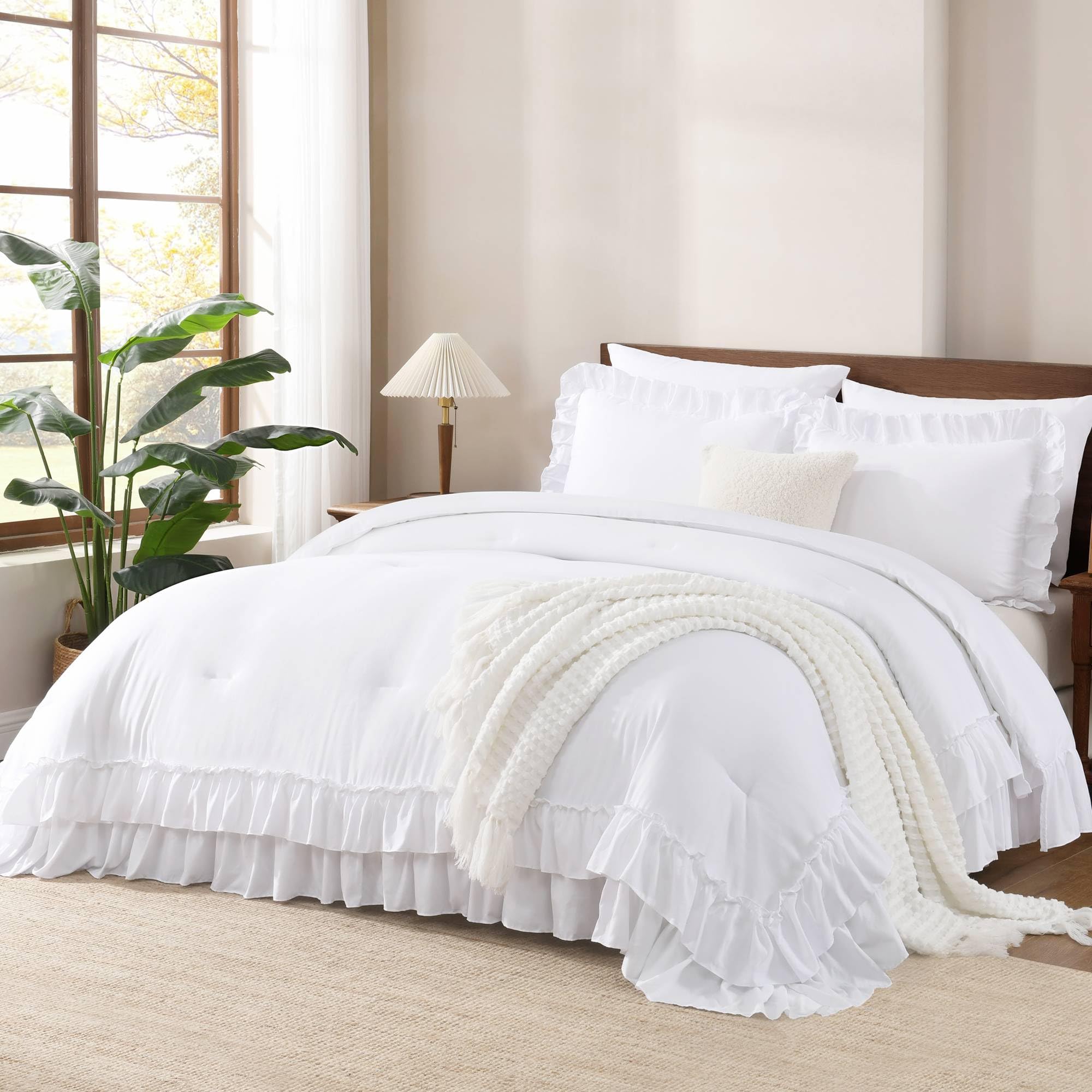 Andency white comforter front view showing elegant ruffle and clean look