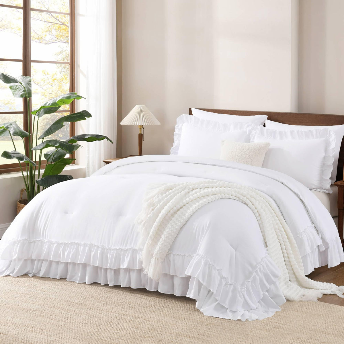 Andency white comforter front view showing elegant ruffle and clean look