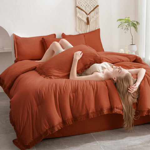 Andency size scale image of queen comforter on bed demonstrating full coverage
