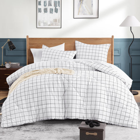 Andency front view of white grid comforter showing clean design and cozy look