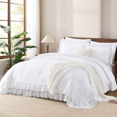 Andency front view of white ruffle comforter set showing elegant bedroom focal point
