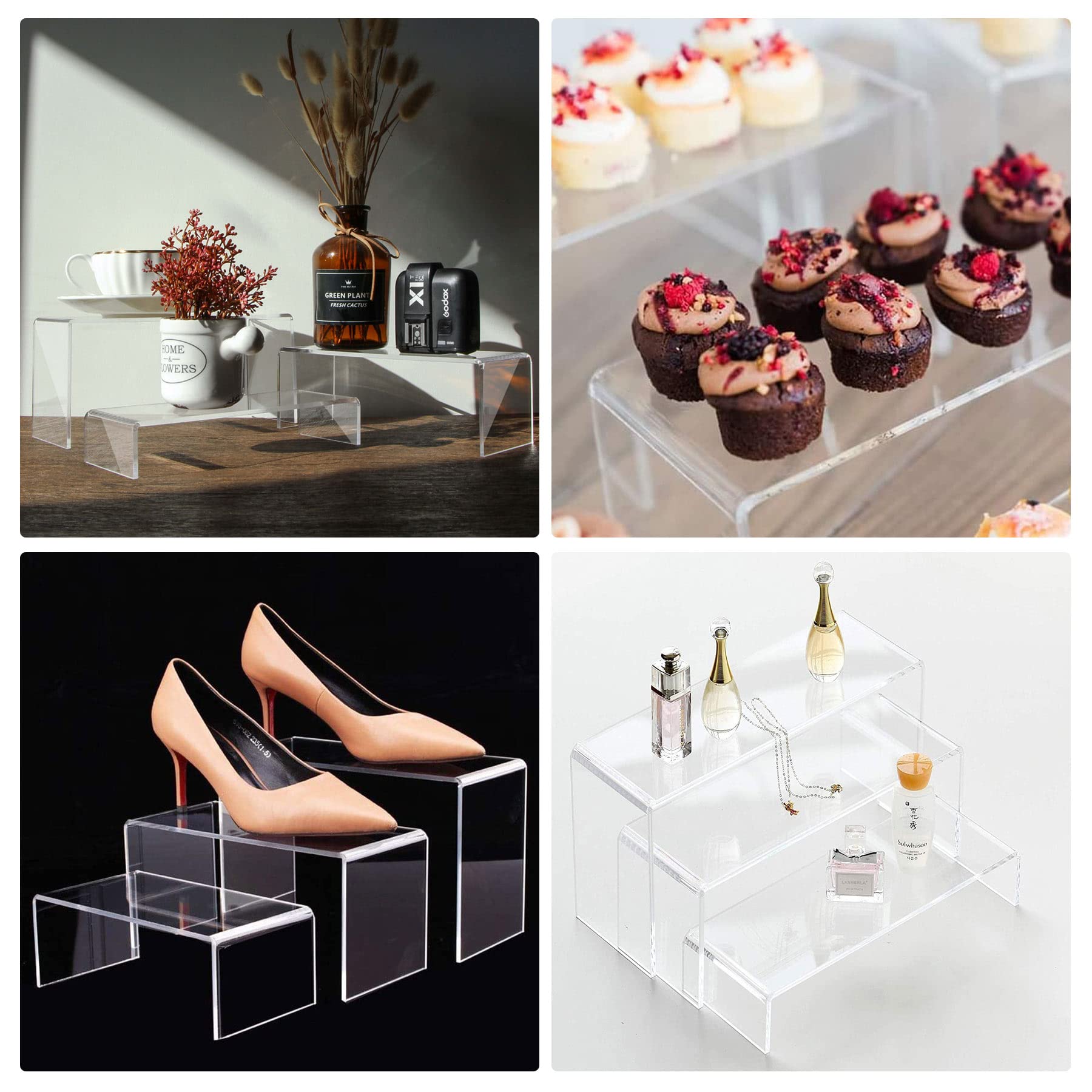 ANDGOO risers inuse with cosmetics on countertop improving product visibility
